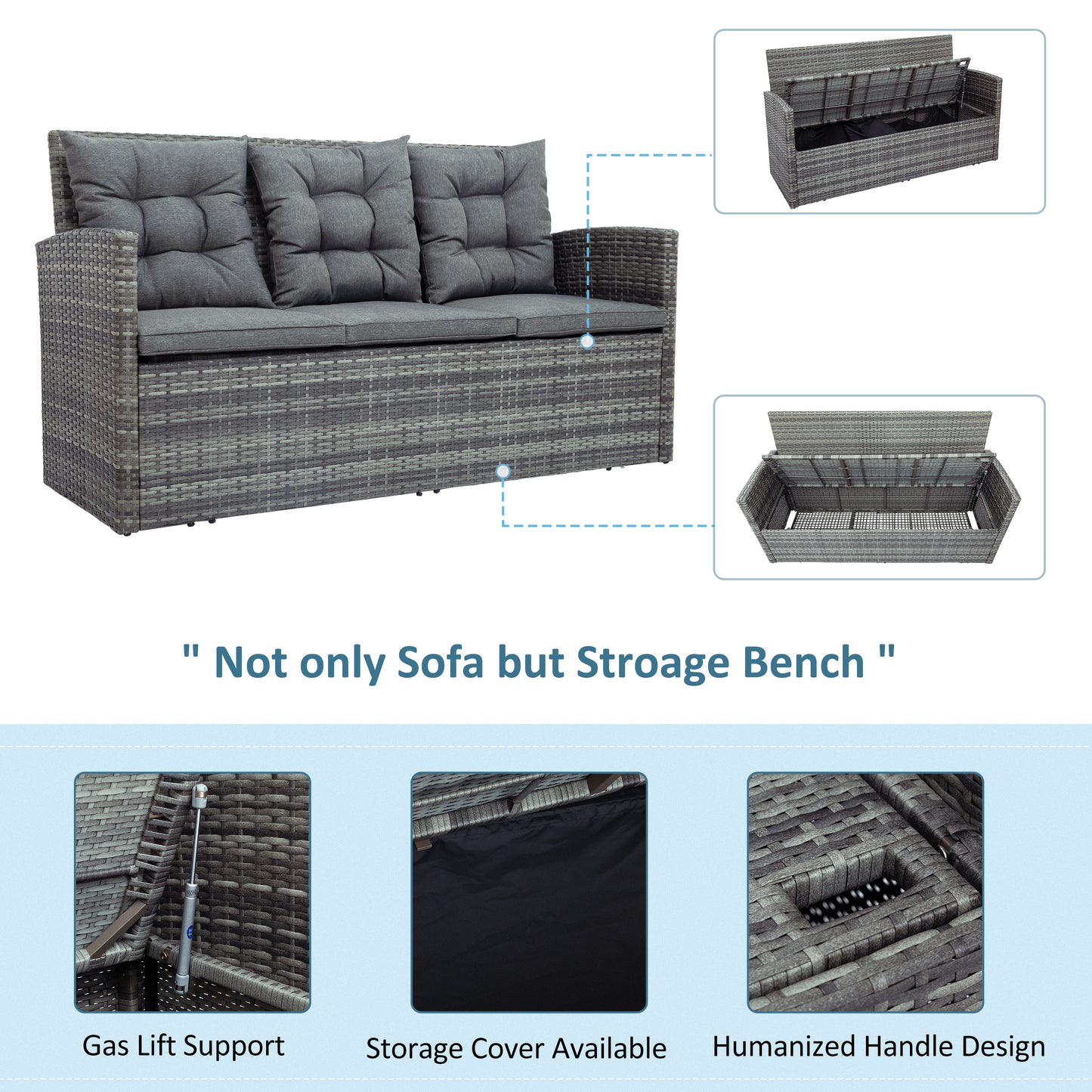 5-piece Patio Sofa Set with Storage Bench-Grey